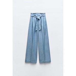 Zara Womens Dress Pants S Blue Wide Leg High Rise Pleated Belted 7968/051 NWT
